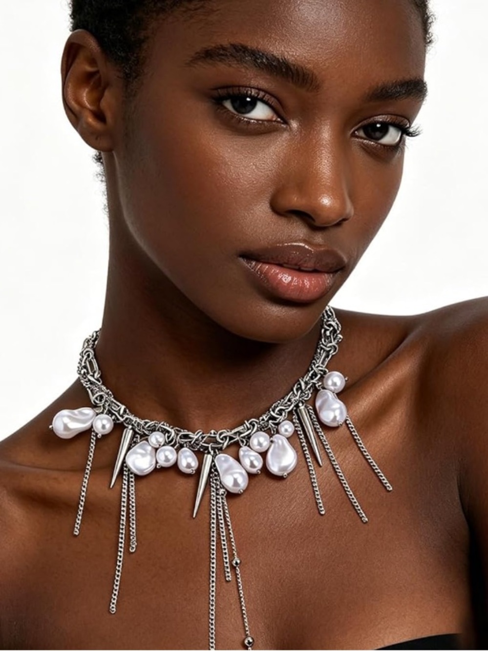 Luxe Baroque Pearl Spike Fringe Choker Necklace